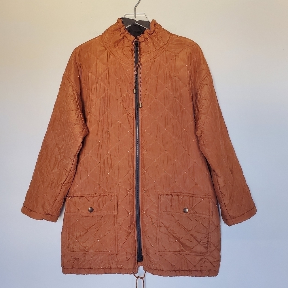 Carole Little Vintage Y2K 100% Silk Beaded Zip Front Diamond Quilted Jacket